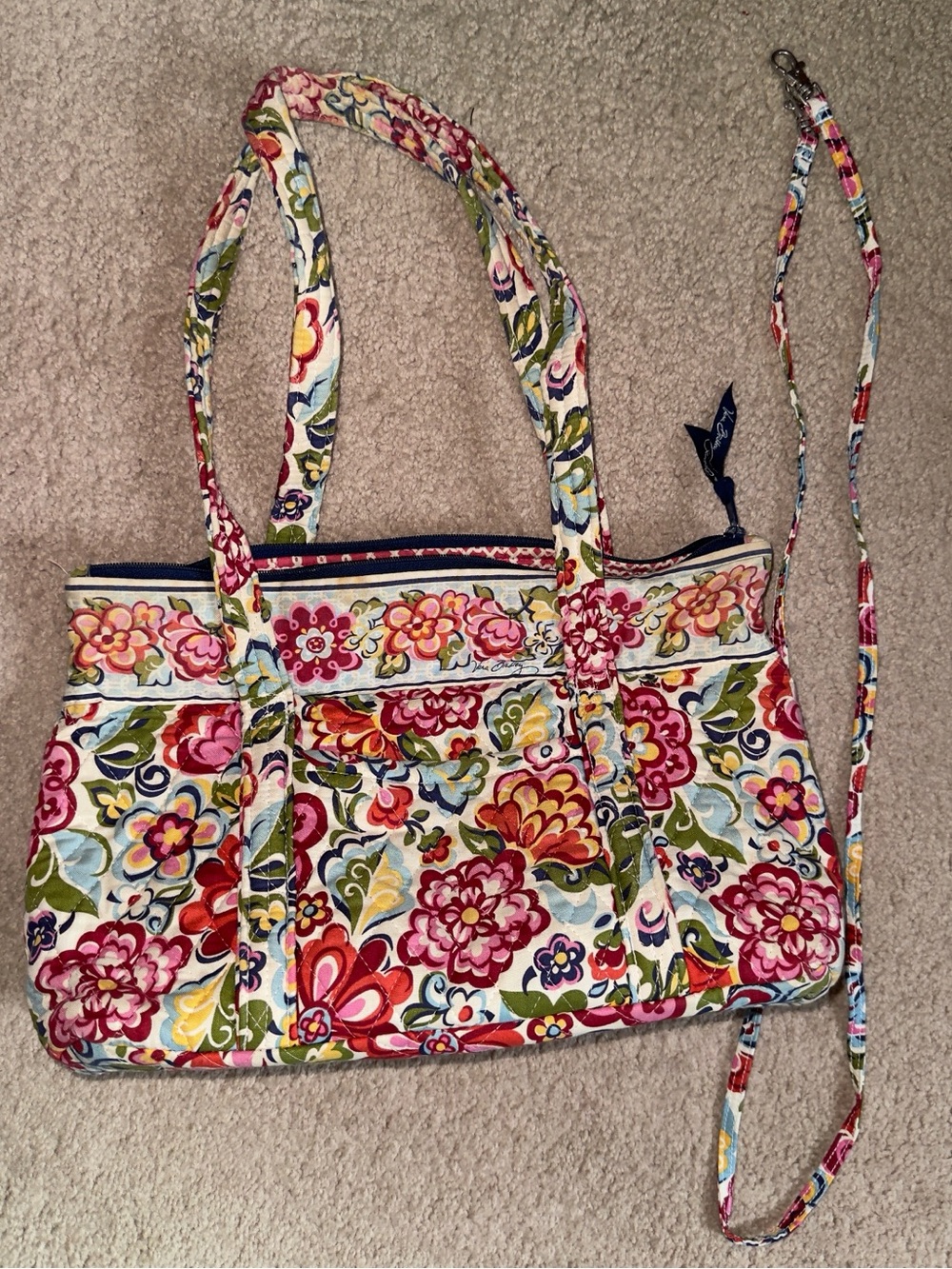 Vera Bradley Medium Floral Multicolor Quilted Tote Zip with Matching Lanyard